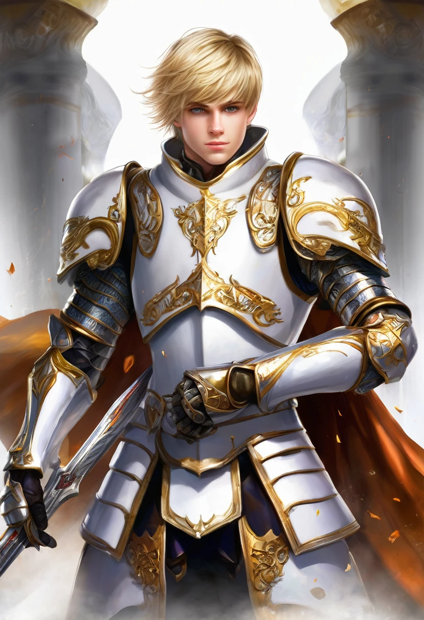Best quality, masterpiece, Ultra high resolution, White background, realistic, hadesstyle, recalled from the 16-year-old prince on the battlefield, short blond hair, amber eyes, Imperial Prince Armor, e.g, depth of field