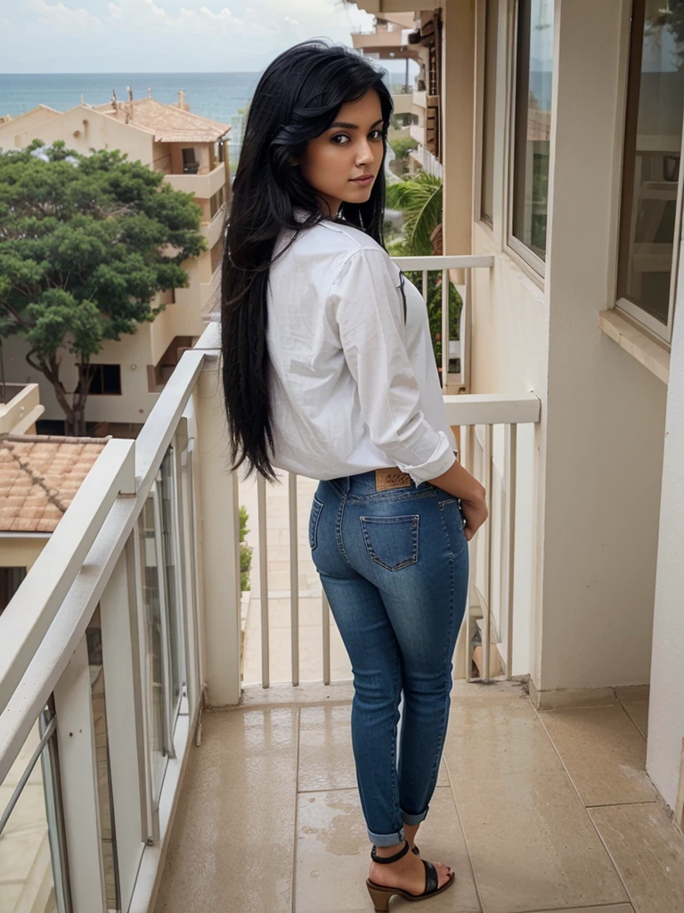 A indian gril black hair drees jeans and jeans shirt standing on balcony looking sea view on the resort