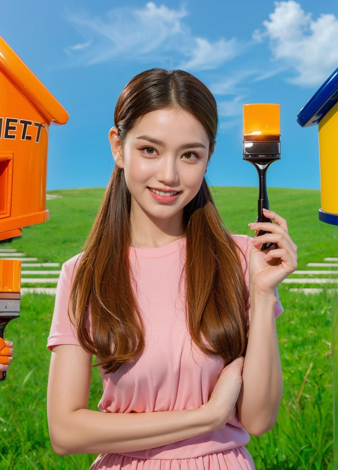 smooth beautiful grass like a carpet This image depicts glossy two toy-like houses situated on a grassy field under a clear blue sky. The house on the left is orange with red and yellow striped roof, featuring a simple, glossy square shape with sharp angles. It has a small, square window and a door, both framed in red. The house on the right is yellow with a vibrant blue roof. It also has a simple, square shape with distinct angles. The house has a blue-framed window and a door, complementing the glossy roof color. The glossy surfaces of both houses reflect light, giving them aglossy  polished and shiny appearance, which enhances their vibrant and playful look.мультяшный рендеринг ключевого кадра, милый 3D рендеринг,,Create ultra sharp glossy цветной рендеринг zbrush. perfect cgi, cgi art created only with gradients, smooth silhouette, Create ultra sharp skin, high intensity refraction, (plastic material), most beautiful vfx, blue background, plastic refractions, glossy texture, smooth 3d model, multiple light sources, rim light, sharp post effects render, (glossy plastic texture with multiple big light probe refractions), perfect cgi, cgi art created only with gradients, smooth silhouette, high intensity refraction, (plastic material), most beautiful vfx, blue background
