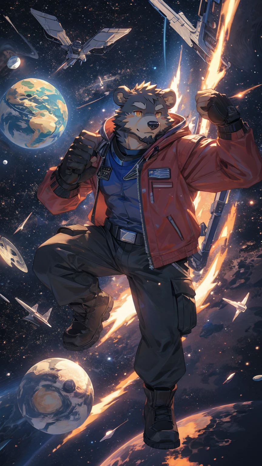 (masterpiece:1.2), best quality,pixiv,official art,perfect anatomy, (Ray tracing, light),solo, (1_male:1.3) , (muscle), (grey fur:1.4), (muscle bear), (beard:1.2), (gleaming golden eyes), bear tail, full body, Thick black eyebrows,(open hooded parka), (naked inside), (cargo pants:1.2), boots , (in the space:1.3) , star , planet , earth , asteroid , character floating