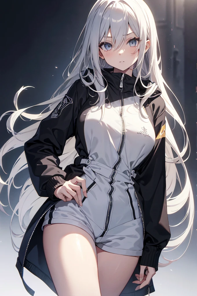 1girl, {Solitary}, Upper Body ,{{ {Watching at viewer}}}, Arms at your sides, Concept Art, white Background, simple Background, White hair, Silver gradient hair , Composite cloth, Asymmetrical clothes, Virtual YouTuber, best quality, masterpiece, Dynamic Angle, guilty gear, guilty gear, guilty gear, cowboy_shooting, Watching_Back, grab, girl,Miss,woman, young,20 years old, Very long hair, Hair Flip, Silver Hair, Flowing hair, Ahog, giggle, Beautiful and delicate golden eyes, teeth, Moderate_breast, Blonde eyes, White skin, hoodie, Black_shorts, Gray clothes, transparent_Background, Backlighting, absurd, high resolution, Extremely detailed,sweater