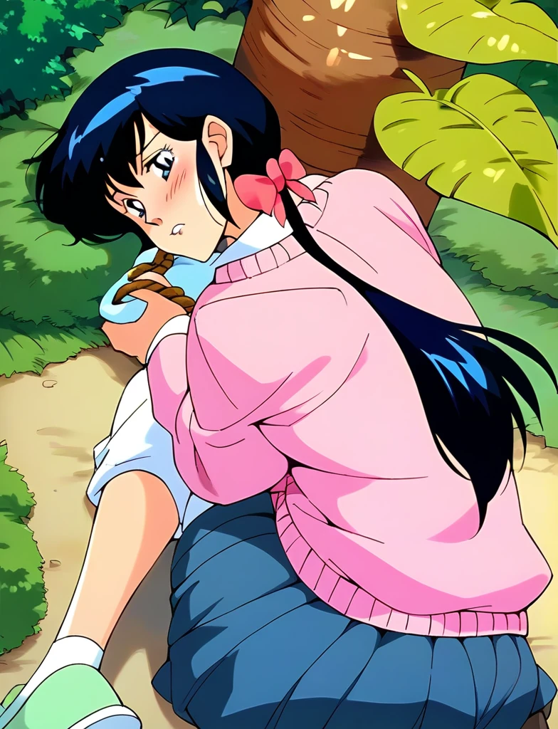 Kyoko,score_9,score_8_superior,score_7_superior,sauce_anime,One girl,alone,View your viewers,soaked,downpour,in the forest,Pink Sweater,White collared shirt,length_skirt,blue skirt,Spread your legs,Biting rope,Lying down,Sad face,:パンティ、