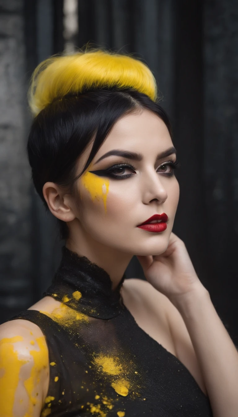 A fierce and edgy woman with vibrant yellow and black hair, adorned with bold black makeup, stands confidently in a striking black and yellow dress. Her outfit is splattered with vibrant yellow paint, creating a stunning contrast against the dark and mysterious black background