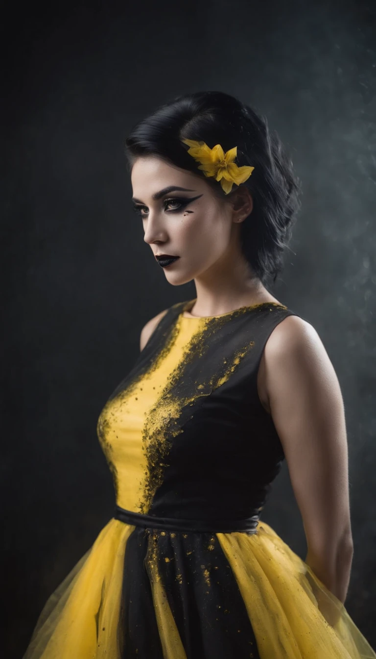 A fierce and edgy woman with vibrant yellow and black hair, adorned with bold black makeup, stands confidently in a striking black and yellow dress. Her outfit is splattered with vibrant yellow paint, creating a stunning contrast against the dark and mysterious black background