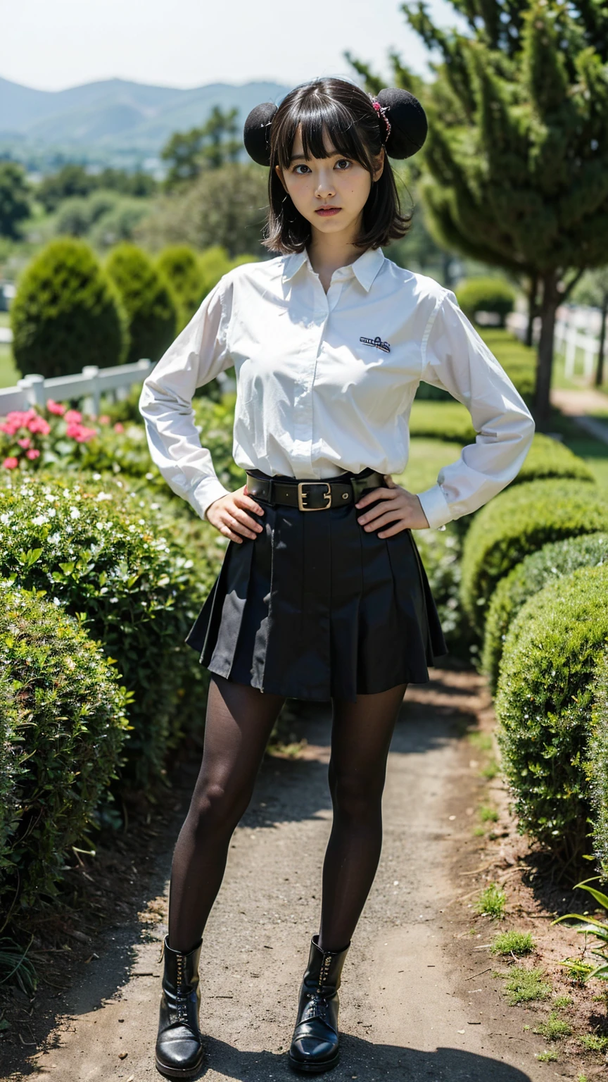 (8K、RAW Photos、Highest quality、masterpiece:1.2)、(Realistic、Realistic)、1 Girl、((Check mini skirt、Medium Hair、black、Thin legs、whole body、boots、blackいコート、one piece、tights、garden、View from the front、Looking into the camera、belt、Stand with hands on hips))、cute
