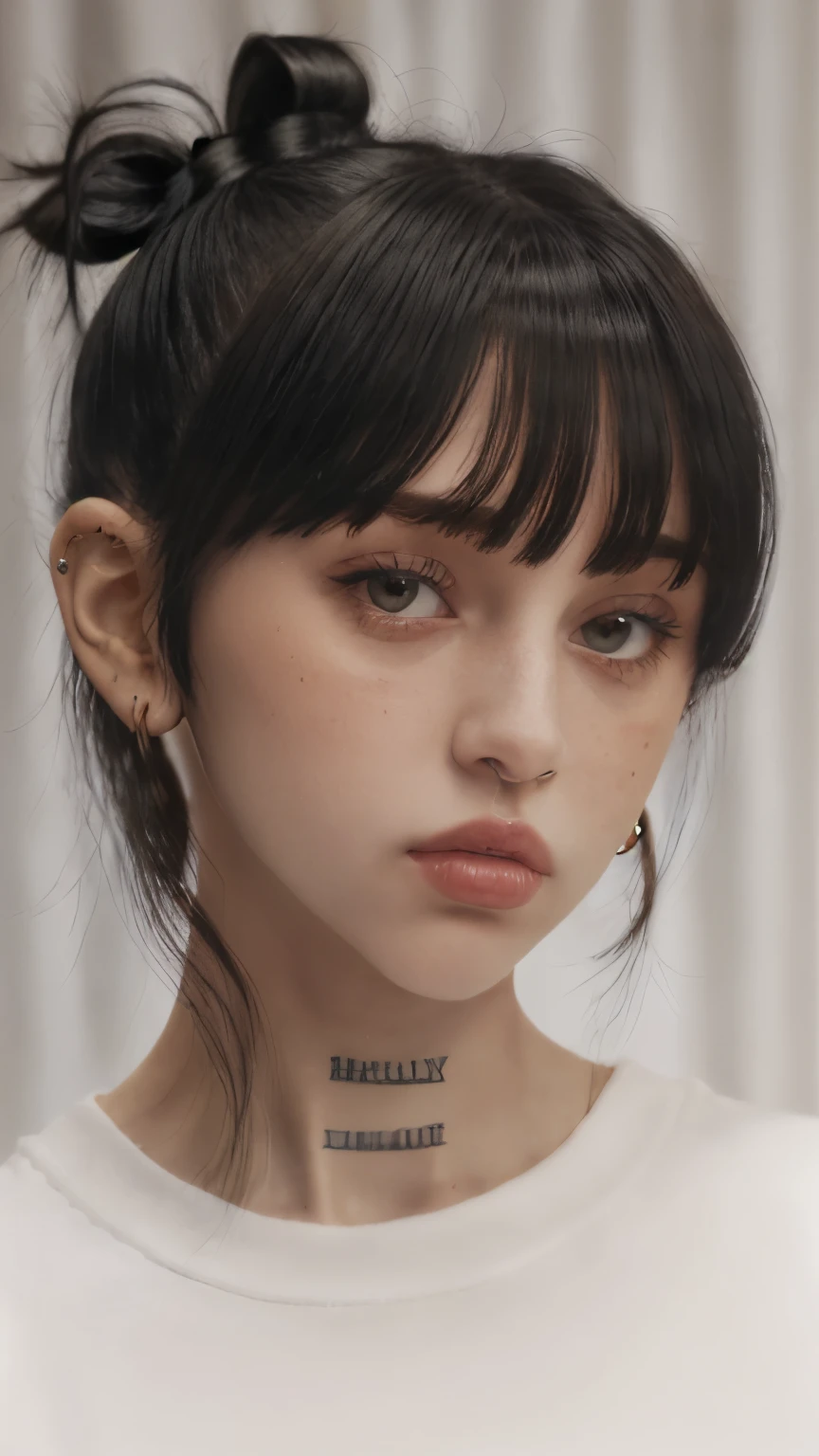 gquality, nicki, 1girl, solo, bangs, shirt, jewelry, closed mouth, white shirt, earrings, hair bun, parted bangs, portrait, realistic, looking to the side, lipstick, nose piercing