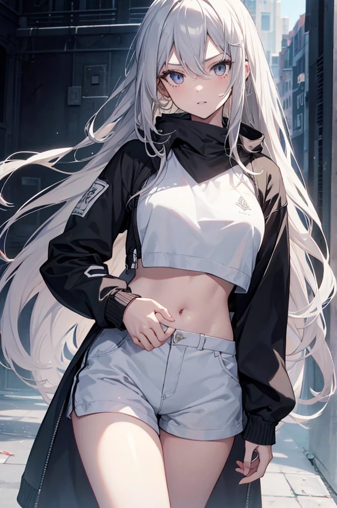 1girl, {Solitary}, Upper Body ,{{ {Watching at viewer}}}, Arms at your sides, Concept Art, white Background, simple Background, White hair, Silver gradient hair , Composite cloth, Asymmetrical clothes, Virtual YouTuber, best quality, masterpiece, Dynamic Angle, guilty gear, guilty gear, guilty gear, cowboy_shooting, Watching_Back, grab, girl,Miss,woman, young,20 years old, Very long hair, Hair Flip, Silver Hair, Flowing hair, Ahog, giggle, Beautiful and delicate golden eyes, teeth, Moderate_breast, Blonde eyes, White skin, hoodie, Black_shorts, Gray clothes, transparent_Background, Backlighting, absurd, high resolution, Extremely detailed,sweater