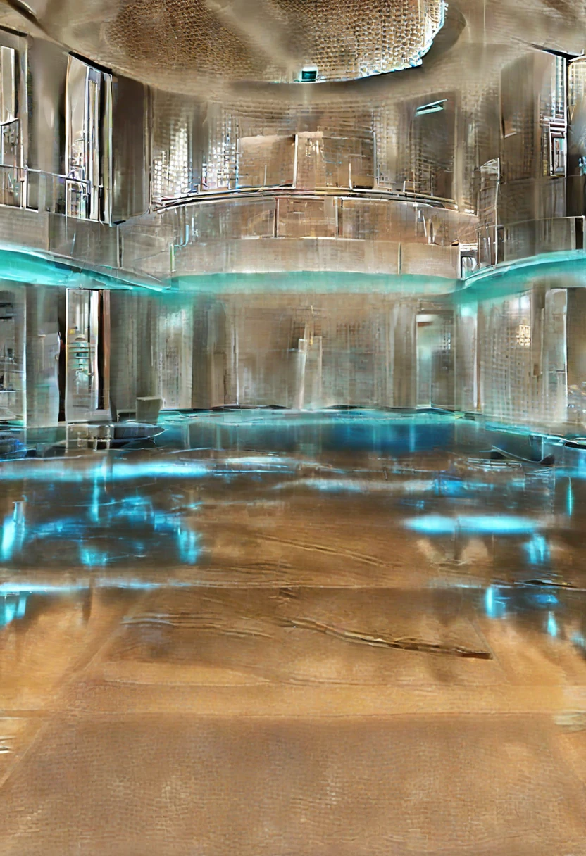 there is a large indoor pool with a waterfall in the middle, a pool inside the giant palace, luxurious furnishings, Wellness pool, Glass floor, in a luxurious swimming pool, Dreampool Rooms, Crystal clean room, in a futuristic palace in the desert, Brightly lit blue room, futuristic setting, Cinematic Full Frame, indoor pool, Особняк Vaporwave, Luxury HD Rendering, Futuristic Hall