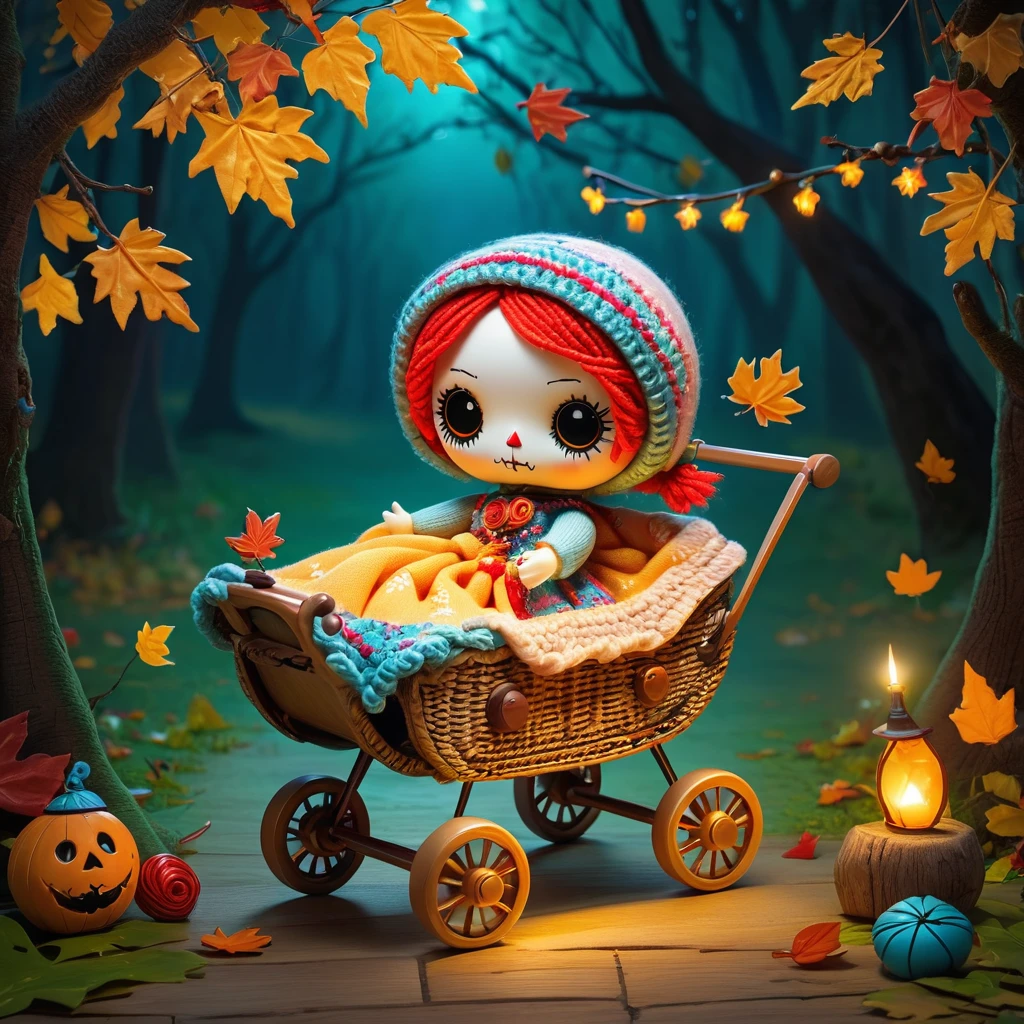 (knitted toy voodoo doll:1.2), (Voodoo Strolling with a Baby Carriage:1.3), (Clothing: casual outfit with baby patterns:1.0), (Accessories: enchanted baby carriage, glowing baby blanket, mystical baby toys:1.2), (background: sunny park with floating, glowing leaves and magical light:1.2), best quality, masterpiece, detailed soft oil painting, detailed background, dramatic cinematic lighting, soft edge lighting, professional, dramatic lighting, hard edge lighting, ultra quality, 4k, masterpiece, best quality, 8k, ultra high definition, high resolution, extremely detailed