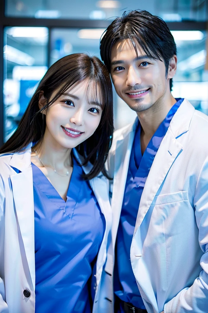 Male dentist and female dental hygienist 2people A good business partner Japanese people Handsome Men and Beautiful Women Doctor wearing a white coat Upper body close-up high resolution high resolution Highest quality smile Wearing blue scrubs