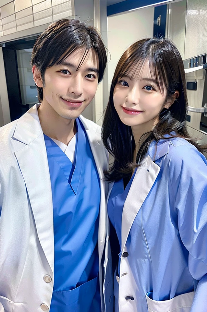 Male dentist and female dental hygienist 2people A good business partner Japanese people Handsome Men and Beautiful Women Doctor wearing a white coat Upper body close-up high resolution high resolution Highest quality smile Wearing blue scrubs