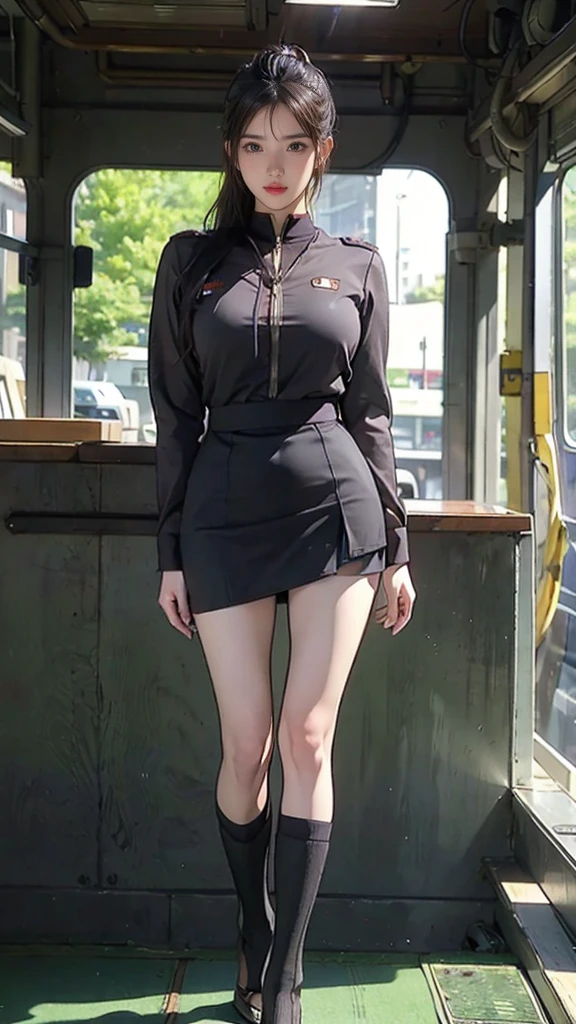 1 girl、Earth Federation Army Operator Girl Soldier、Long black hair tied behind the head、Idol-level cuteness、Looks like a baby face,very young、Put the operator headset on your head、Accurately depicted face、Slim body but big breasts、Healthy Thighs Short Skirt Earth Federation Army、knee height、Well-designed headphones、Battleship bridge interior、Anatomically correct、Precise fingers、Precise leaf stone carving、Photoreal