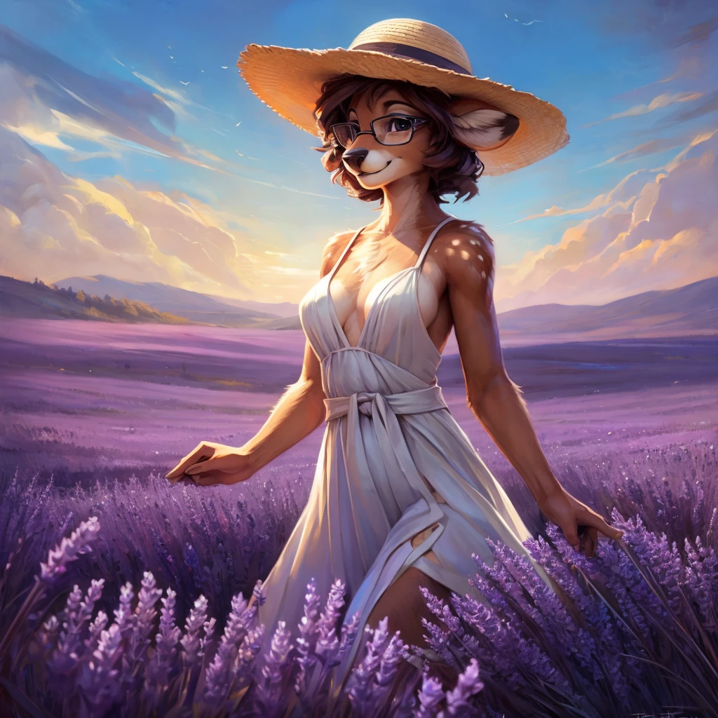 uploaded on e621, by Pixelsketcher, by Bayard Wu, by Thomas Benjamin Kennington , by Einshelm, by hioshiru and kenket, Chunie, portrait, solo anthro female deer doe, with small featureless breasts, clear dark blue, cinematic lighting, day, sunny day, lavender field, stays in a lavender field, lavender field background, mediterranean background, horizon background, shiny, short curly dark brown hair, wears big black nerd glasses, very very beautiful furry art, furry art, smiling, joyful, shiny, happy, feminine, cute face, muzzle, fluffy chest, flawless face, Fallow deer, 1girl, Sakimichan is beautiful, Masterpiece, Wavethesallow Face, shiny, Detailed image, portrait, Detailed image, portrait, full body, wearing pure white and wide spaghetti straps dress, wearing big and wide beige summer straw hat, shiny, realistic face, perfect anatomy, hourglass body, (furry body:1.1), anthropomorphic deer, looks at the viewer, small fluffy tail, detailed background, (cute anatomy:1.1), stands in a lavender field
