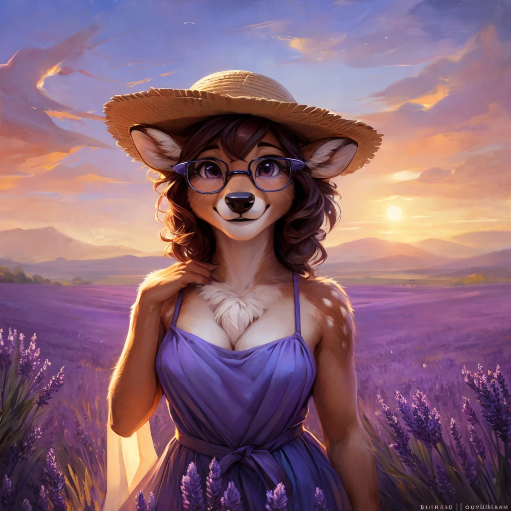 uploaded on e621, by Pixelsketcher, by Bayard Wu, by Thomas Benjamin Kennington , by Einshelm, by hioshiru and kenket, Chunie, portrait, solo anthro female deer doe, with small featureless breasts, clear dark blue, cinematic lighting, day, sunny day, lavender field, stays in a lavender field, lavender field background, mediterranean background, horizon background, shiny, short curly dark brown hair, wears big black nerd glasses, very very beautiful furry art, furry art, smiling, joyful, shiny, happy, feminine, cute face, muzzle, fluffy chest, flawless face, Fallow deer, 1girl, Sakimichan is beautiful, Masterpiece, Wavethesallow Face, shiny, Detailed image, portrait, Detailed image, portrait, full body, wearing pure white and wide spaghetti straps dress, wearing big and wide beige summer straw hat, shiny, realistic face, perfect anatomy, hourglass body, (furry body:1.1), anthropomorphic deer, looks at the viewer, small fluffy tail, detailed background, (cute anatomy:1.1), stands in a lavender field