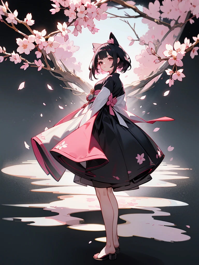 best quality, character design sheet, woman、No hat on, Black and pink hair, whole body, Head to Toe, Fortuneteller、Standing facing forward, Beautiful black dress, Black Hair, whole body, Pure white background, from front, best quality, Standing pose、Cherry blossom pattern、adult、Japanese、Clear eyes、adult、Standing facing forward