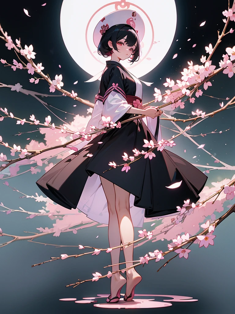best quality, character design sheet, woman、No hat on, Black and pink hair, whole body, Head to Toe, Fortuneteller、Standing facing forward, Beautiful black dress, Black Hair, whole body, Pure white background, from front, best quality, Standing pose、Cherry blossom pattern、adult、Japanese、Clear eyes、adult、Standing facing forward