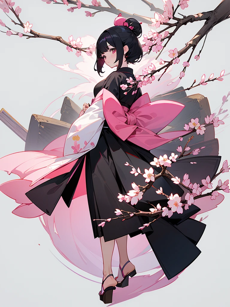 best quality, character design sheet, woman、No hat on, Black and pink hair, whole body, Head to Toe, Fortuneteller、Standing facing forward, Beautiful black dress, Black Hair, whole body, Pure white background, from front, best quality, Standing pose、Cherry blossom pattern、adult、Japanese、Clear eyes、adult、Standing facing forward