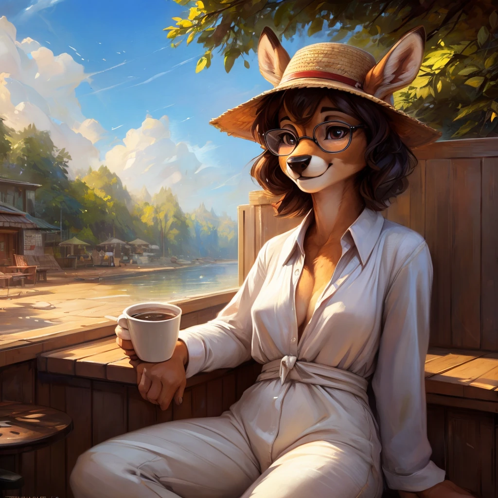uploaded on e621, by Pixelsketcher, by Bayard Wu, by Thomas Benjamin Kennington , by Einshelm, by hioshiru and kenket, Chunie, portrait, solo anthro female deer doe, tiny featureless breasts, tiny breasts, clear dark blue, cinematic lighting, day, sunny day, sitting outside at a café, café background, french background, old french background, shiny, short curly dark brown hair, short hair, wears big black nerd glasses, very very beautiful furry art, furry art, thoughtful, shiny, feminine, cute face, muzzle, fluffy chest, flawless face, Fallow deer, 1girl, Sakimichan is beautiful, Masterpiece, Wavethesallow Face, shiny, Detailed image, portrait, Detailed image, portrait, wears pure white wide, big blouse, wears beige summer straw hat, shiny, realistic face, perfect anatomy, hourglass body, anthropomorphic deer, happy, very happy, small ears, huge black nerd glasses, wide happy eyes, look at viewer, smiles, big smile, holds big cup of coffee, hourglass body, (furry body:1.1), anthropomorphic deer, small fluffy tail, detailed background, (cute anatomy:1.1), looks into the distance