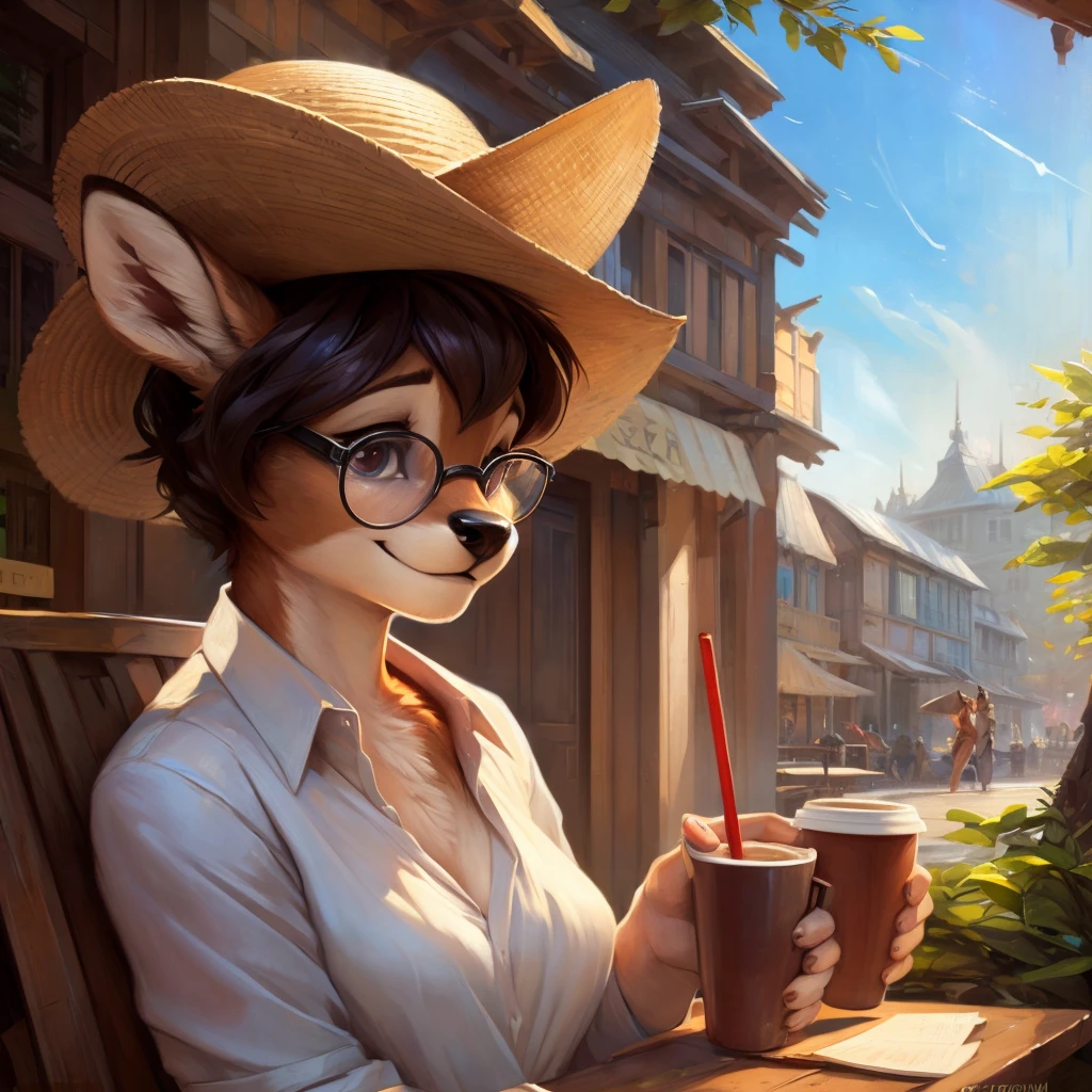 uploaded on e621, by Pixelsketcher, by Bayard Wu, by Thomas Benjamin Kennington , by Einshelm, by hioshiru and kenket, Chunie, portrait, solo anthro female deer doe, tiny featureless breasts, tiny breasts, clear dark blue, cinematic lighting, day, sunny day, sitting outside at a café, café background, french background, old french background, shiny, short curly dark brown hair, short hair, wears big black nerd glasses, very very beautiful furry art, furry art, thoughtful, shiny, feminine, cute face, muzzle, fluffy chest, flawless face, Fallow deer, 1girl, Sakimichan is beautiful, Masterpiece, Wavethesallow Face, shiny, Detailed image, portrait, Detailed image, portrait, wears pure white wide, big blouse, wears beige summer straw hat, shiny, realistic face, perfect anatomy, hourglass body, anthropomorphic deer, happy, very happy, small ears, huge black nerd glasses, wide happy eyes, look at viewer, smiles, big smile, holds big cup of coffee, hourglass body, (furry body:1.1), anthropomorphic deer, small fluffy tail, detailed background, (cute anatomy:1.1), looks into the distance
