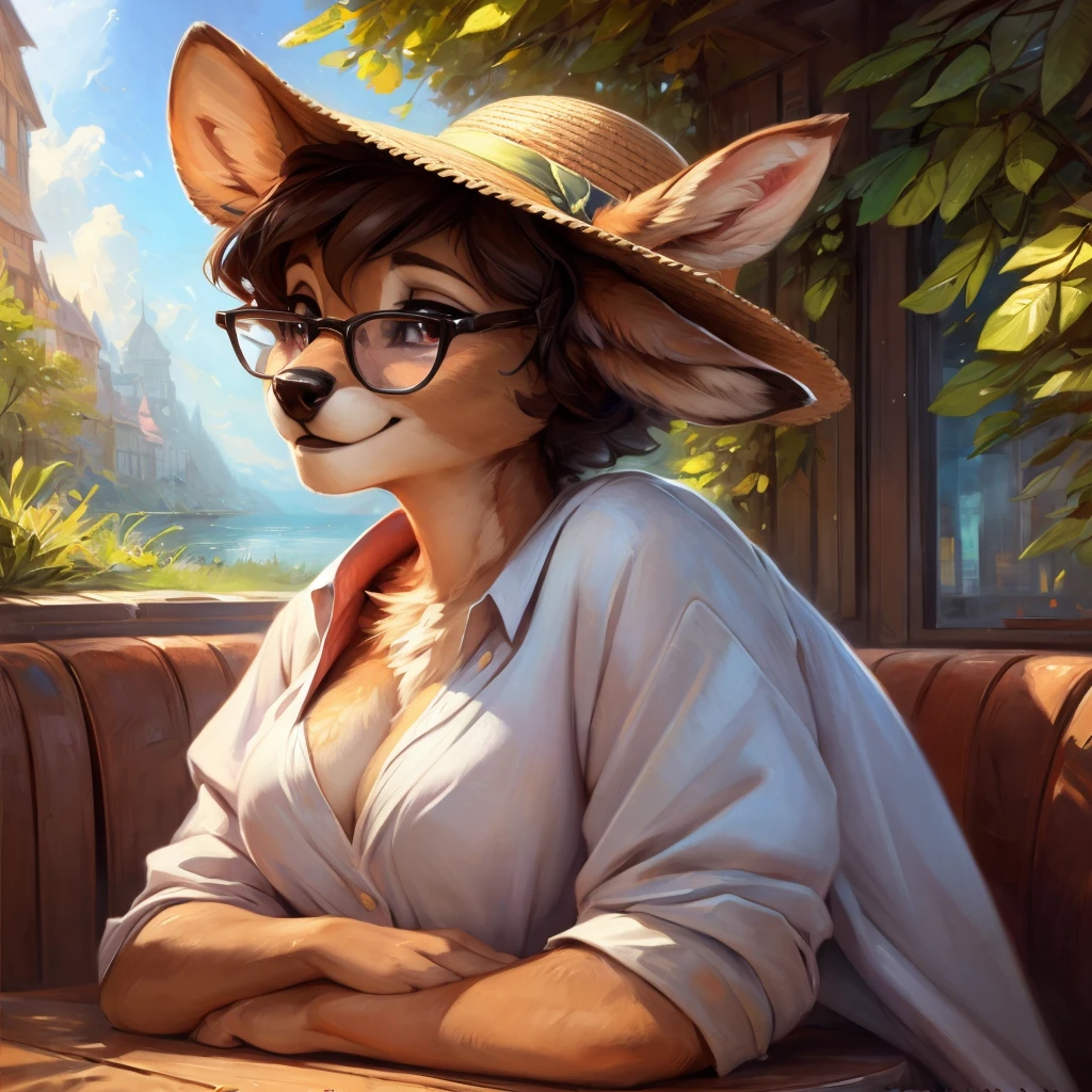 uploaded on e621, by Pixelsketcher, by Bayard Wu, by Thomas Benjamin Kennington , by Einshelm, by hioshiru and kenket, Chunie, portrait, solo anthro female deer doe, tiny featureless breasts, tiny breasts, clear dark blue, cinematic lighting, day, sunny day, sitting outside at a café, café background, french background, old french background, shiny, short curly dark brown hair, short hair, wears big black nerd glasses, very very beautiful furry art, furry art, thoughtful, shiny, feminine, cute face, muzzle, fluffy chest, flawless face, Fallow deer, 1girl, Sakimichan is beautiful, Masterpiece, Wavethesallow Face, shiny, Detailed image, portrait, Detailed image, portrait, wears pure white wide, big blouse, wears beige summer straw hat, shiny, realistic face, perfect anatomy, hourglass body, anthropomorphic deer, happy, very happy, small ears, huge black nerd glasses, wide happy eyes, look at viewer, smiles, big smile, holds big cup of coffee, hourglass body, (furry body:1.1), anthropomorphic deer, small fluffy tail, detailed background, (cute anatomy:1.1), looks into the distance