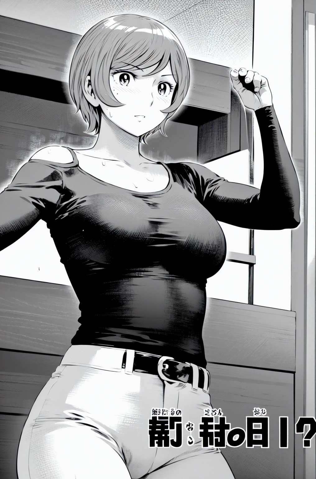 、(masterpiece、Highest quality)、Highest quality, Ultra-high resolution, (((masterpiece))), alone, Sweat、Big eyes,Tight black shirt、Tight white pants、belt、indoor、Composition from the front、(Cut the back hair short、short hair、blonde、woman)、Shortcuts、Embarrassed face、Cut your hair short、可愛いwomanの子、Big Breasts、office