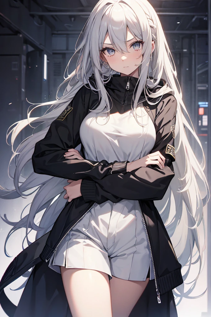 1girl, {Solitary}, Upper Body ,{{ {Watching at viewer}}}, Arms at your sides, Concept Art, white Background, simple Background, White hair, Silver gradient hair , Composite cloth, Asymmetrical clothes, Virtual YouTuber, best quality, masterpiece, Dynamic Angle, guilty gear, guilty gear, guilty gear, cowboy_shooting, Watching_Back, grab, girl,Miss,woman, young,20 years old, Very long hair, Hair Flip, Silver Hair, Flowing hair, Ahog, giggle, Beautiful and delicate golden eyes, teeth, Moderate_breast, Blonde eyes, White skin, hoodie, Black_shorts, Gray clothes, transparent_Background, Backlighting, absurd, high resolution, Extremely detailed,sweater