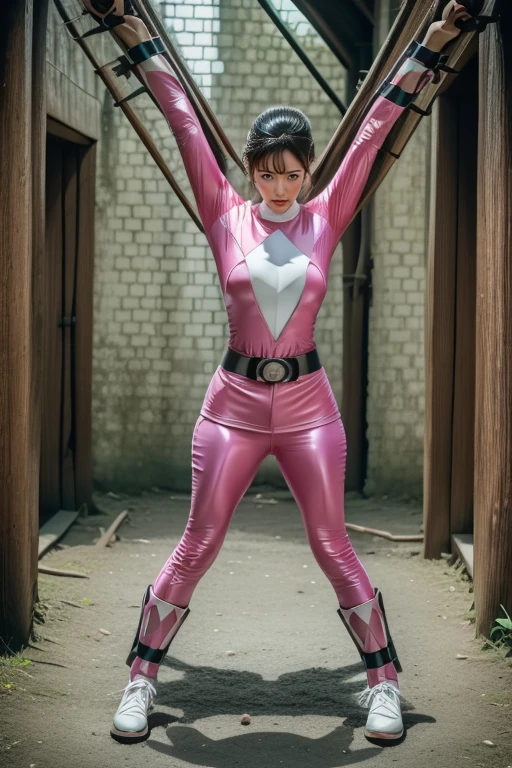 pink theme，pink ranger suit、curvy, big breats, full body, tied on Saint Andrew's cross in X position, crying, screaming, ((eyes closed:1))