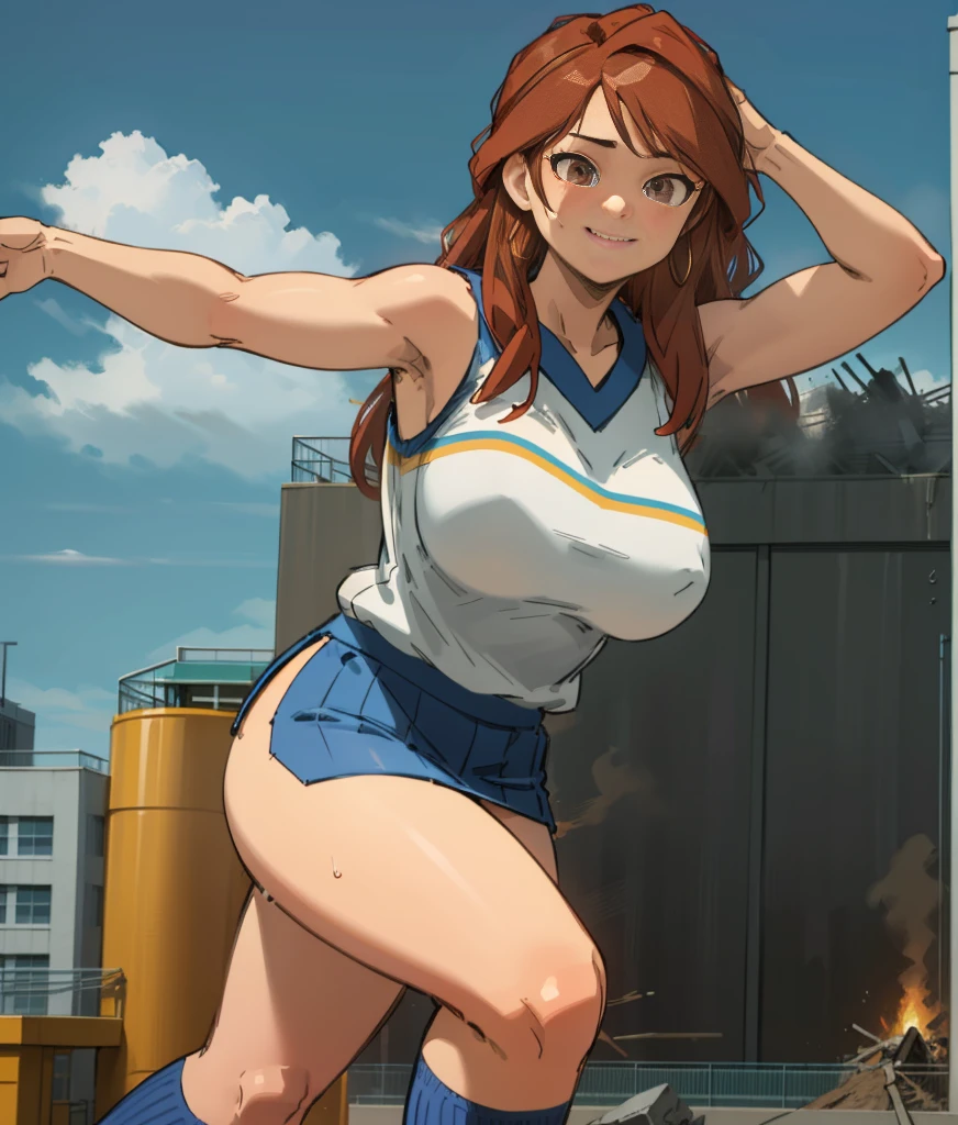 ultra-detailed, (perfect anatomy:1.3999), (close-up shot, dynamic shot, side view:1.399), (ultra beautiful perfect detailed smile face:1.3999), (finely ultra-detailed eyes:1.3999), slim waist, curvy hourglass figure, perfect and proportional body, (((glamorous athletic giant Japanese girl in her twenties, running in city, spreading one arm behind back, put one hand up behind head, lunge:1.25))), beautiful Asian actress face, ((thick thighs:1.399)), fit curvy physique, inverted body type, attractive feminine curves, ((gigantic breasts:1.25)), (((thick voluptuous arms and legs:1.399))), feminine curvy figure, (style of plump voluptuous body), (plain white over-the-calf socks, bare knees:1.25), masterpiece, highres, best quality, RAW photo, ultra-detailed, CG, unity, 8k wallpaper, extremely detailed CG, extremely detailed, an extremely delicate and beautiful, extremely detailed, Amazing, finely detail, official art, High quality texture, incredibly absurdres, huge file size, photorealistic, ((HaruCheerUniform, blue skirt)), (Nelly, GTS, rampage, destroying city:1.25), blue pleated mini skirt, white sleeveless tops, plump, (bare knees, bare arms, bare elbows, bare shoulders),