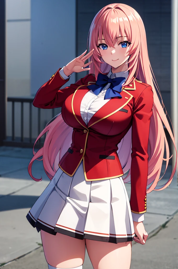 (masterpiece:1.3), (best quality:1.1), (8k, ultra detailed, ultra high res:1.2), ((anime style)), (perfect 5 fingers, perfect anatomy), 
1girl,
Ichinose honami, 
long hair, 
pink hair, 
blue eyes, 
arm up, waving,  
blue bow, 
BREAK large breasts, (red blazer, long sleeves, white skirt, pleated skirt, black calf socks), 
looking at viewer, shoot from front,  
cowboy shot, 
smile, 
standhing, 
perfect light, 
(detailed background:1.2), outdoor, school building, 