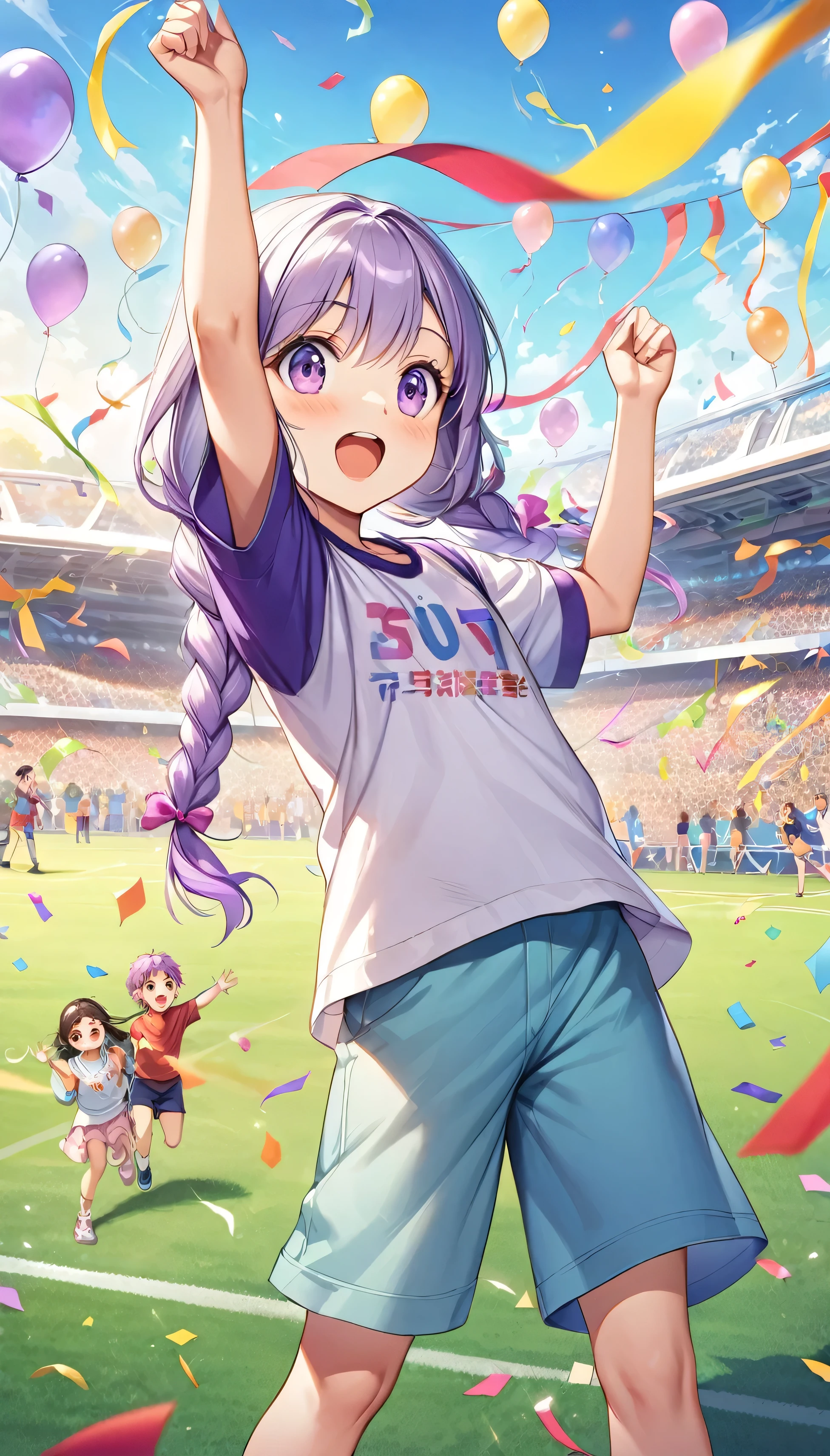 (Children's Day illustration), Two in casual sportswear cheering with hands raised on football field, yinji, Purple Hair, Purple Eyes, Long hair, White hair, Double braid, Gradient hair, Bright and warm, There are streamers and balloons everywhere., Crowd cheering. Characters make up only a small part of the picture.