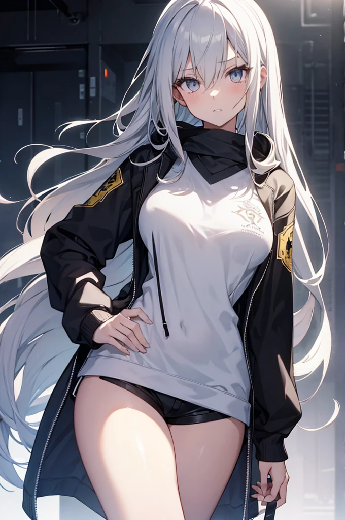 1girl, {Solitary}, Upper Body ,{{ {Watching at viewer}}}, Arms at your sides, Concept Art, white Background, simple Background, White hair, Silver gradient hair , Composite cloth, Asymmetrical clothes, Virtual YouTuber, best quality, masterpiece, Dynamic Angle, guilty gear, guilty gear, guilty gear, cowboy_shooting, Watching_Back, grab, girl,Miss,woman, young,20 years old, Very long hair, Hair Flip, Silver Hair, Flowing hair, Ahog, giggle, Beautiful and delicate golden eyes, teeth, Moderate_breast, Blonde eyes, White skin, hoodie, Black_shorts, Gray clothes, transparent_Background, Backlighting, absurd, high resolution, Extremely detailed,sweater