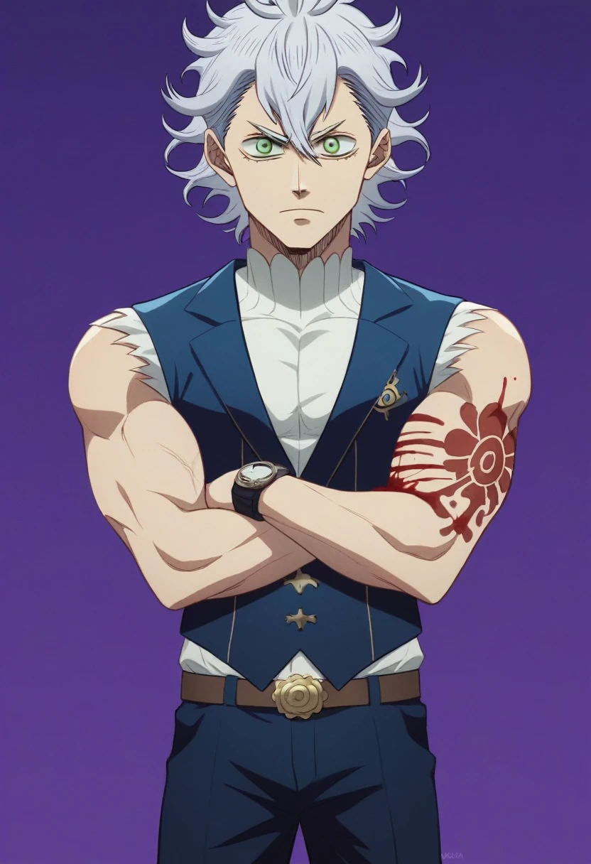 A 19 year old boy, To stay (black clover), spiky hair, creamy white hair, messy hair, hair between eyes, green eyes, , thin arms, upset expression, Un chaleco blue suit with fine stripes, Una camisa de vestir azul claro con las mangas remangadas hTo stay los codos, Pants matching the vest, blue suit with fine stripes, He wears a watch on his left wrist, You can see many tattoos on the forearms, elegant and casual clothing, epic hike, blood on more hands, alone, purple background