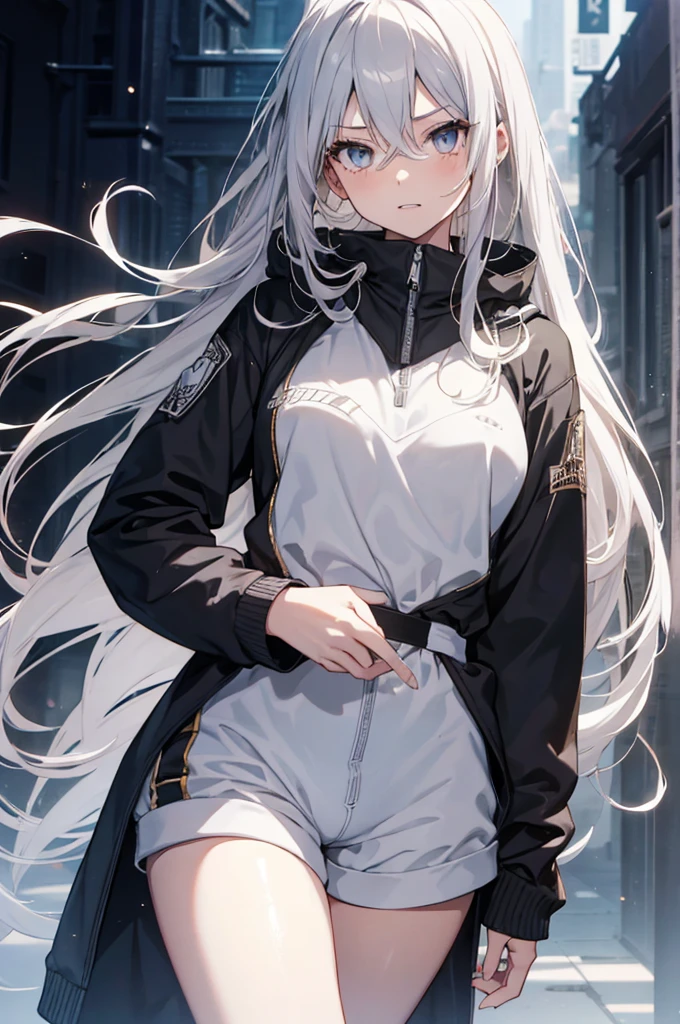 1girl, {Solitary}, Upper Body ,{{ {Watching at viewer}}}, Arms at your sides, Concept Art, white Background, simple Background, White hair, Silver gradient hair , Composite cloth, Asymmetrical clothes, Virtual YouTuber, best quality, masterpiece, Dynamic Angle, guilty gear, guilty gear, guilty gear, cowboy_shooting, Watching_Back, grab, girl,Miss,woman, young,20 years old, Very long hair, Hair Flip, Silver Hair, Flowing hair, Ahog, giggle, Beautiful and delicate golden eyes, teeth, Moderate_breast, Blonde eyes, White skin, hoodie, Black_shorts, Gray clothes, transparent_Background, Backlighting, absurd, high resolution, Extremely detailed,sweater