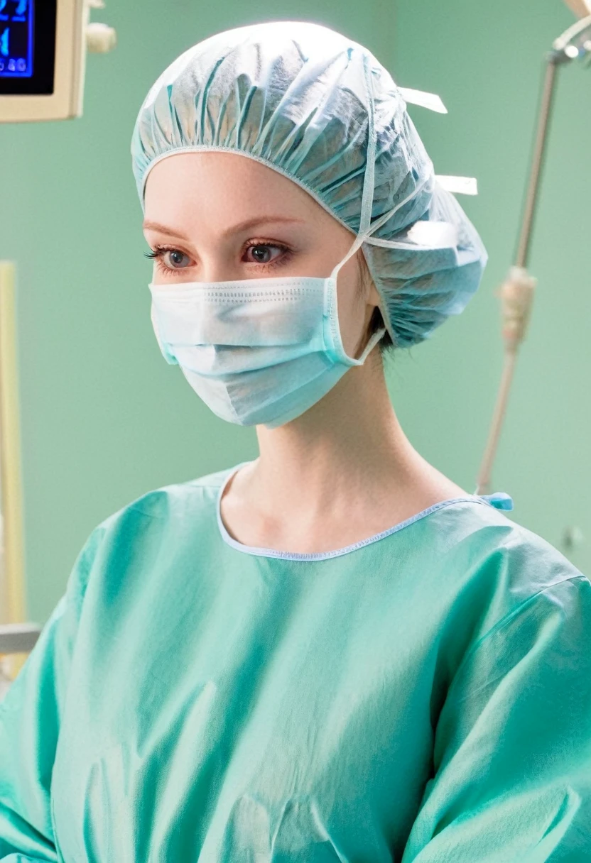 score_9,  score_8_up, score_7_up, masterpiece, highest quality, pale skin, shy eyes, cover the ears, big breasts, surgical mask, surgical cap, long sleeve surgical gown,
1 girl, pregnant, solo, rubber gloves, frown,  standing, in one hospital, in the operating room,