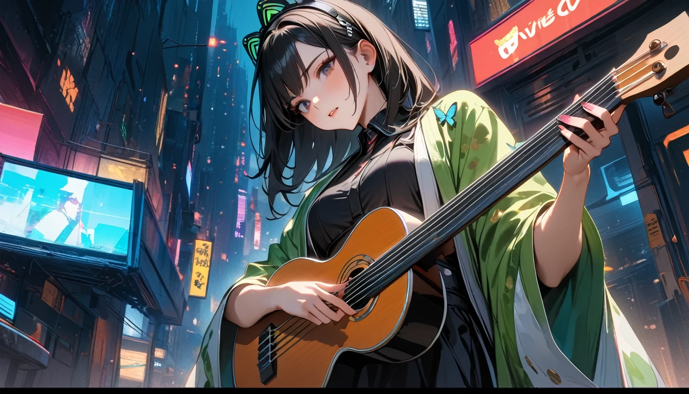 (((8K, Masterpiece, high resolution, highest quality, highest quality real texture skin))), ((wearing Japanese pattern headphones)), (((1 girl))), (((Butterfly patterned haori coat))), (((Holding a shamisen))), (((Cyberpunk City at Night))), ((sunglasses)), (((Maid))), (Black shiny hair, beige skin)
