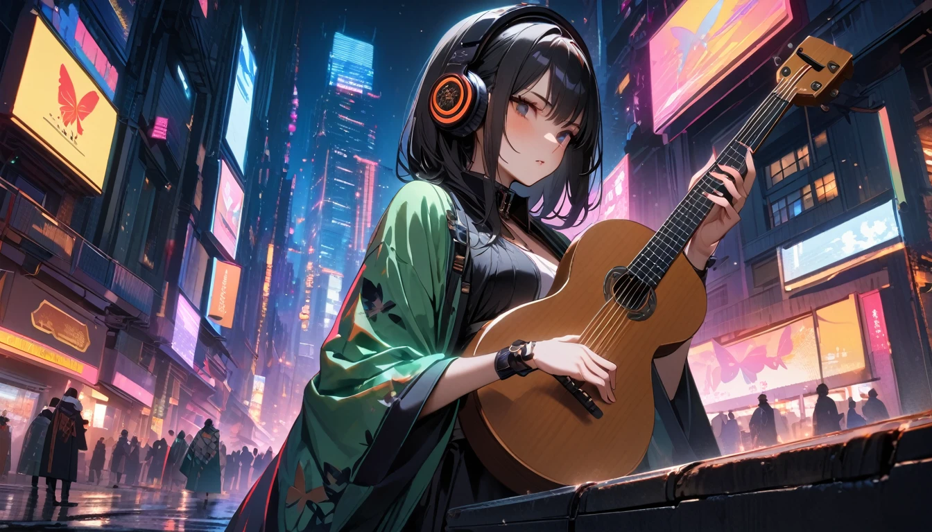 (((8K, Masterpiece, high resolution, highest quality, highest quality real texture skin))), ((wearing Japanese pattern headphones)), (((1 girl))), (((Butterfly patterned haori coat))), (((Holding a shamisen))), (((Cyberpunk City at Night))), ((sunglasses)), (((Maid))), (Black shiny hair, beige skin)