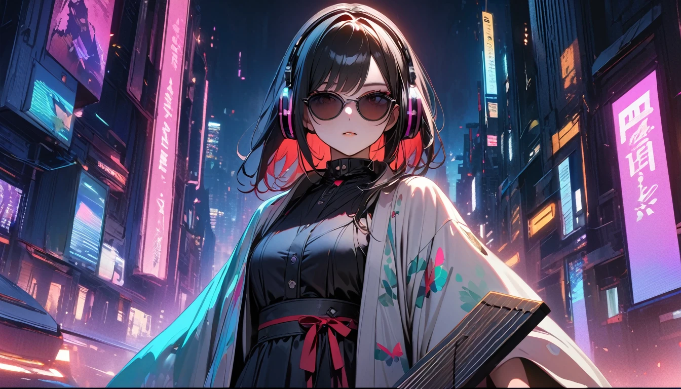 (((8K, Masterpiece, high resolution, highest quality, highest quality real texture skin))), ((wearing Japanese pattern headphones)), (((1 girl))), (((Butterfly patterned haori coat))), (((Holding a shamisen))), (((Cyberpunk City at Night))), ((sunglasses)), (((Maid))), (Black shiny hair, beige skin)