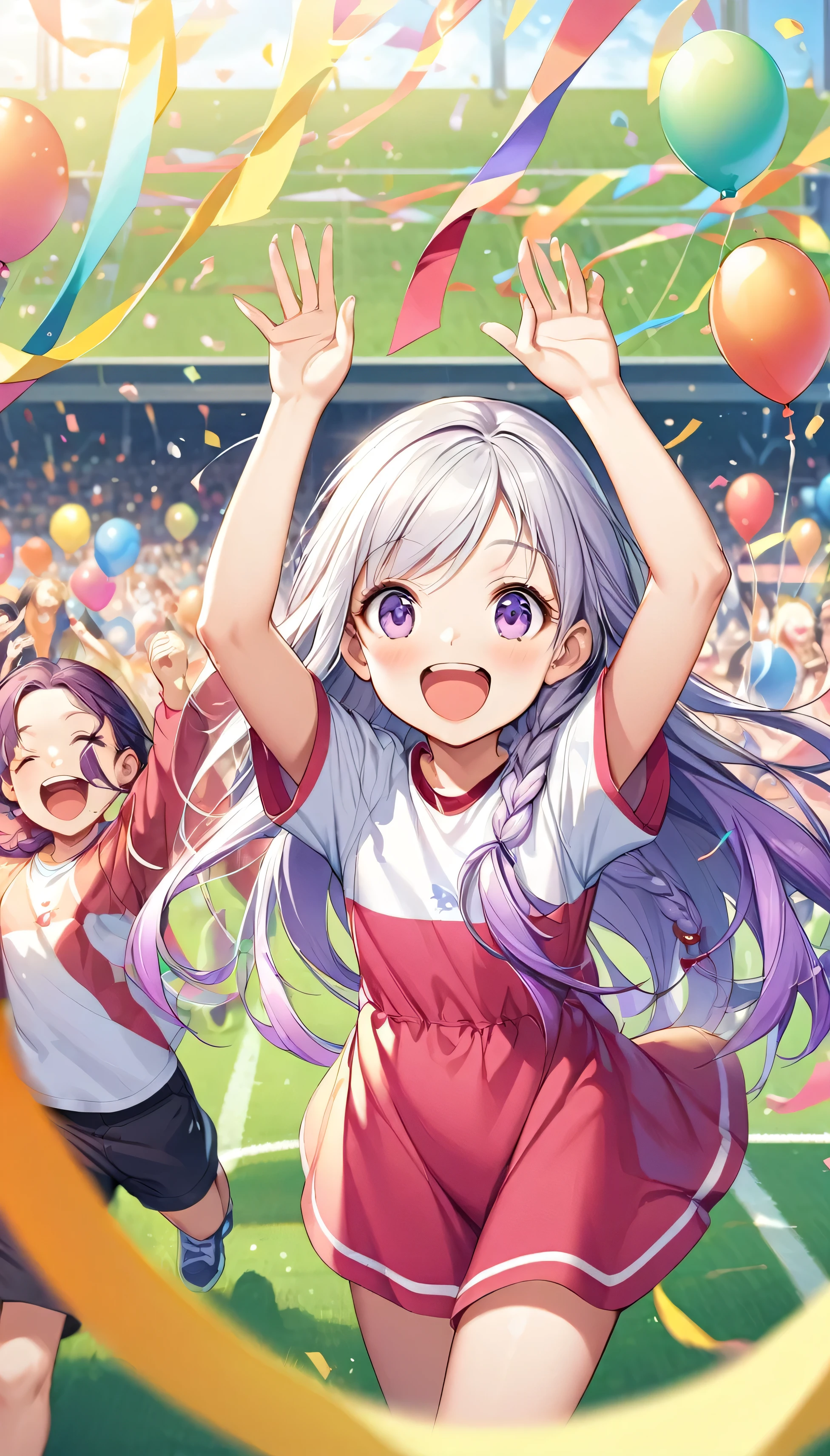 (Children's Day illustration), Two kids in casual sportswear cheering with hands raised on football field, yinji, Purple Hair, Purple Eyes, Long hair, White hair, Double braid, Gradient hair, Bright and warm, There are streamers and balloons everywhere., Crowd cheering. Characters make up only a small part of the picture.