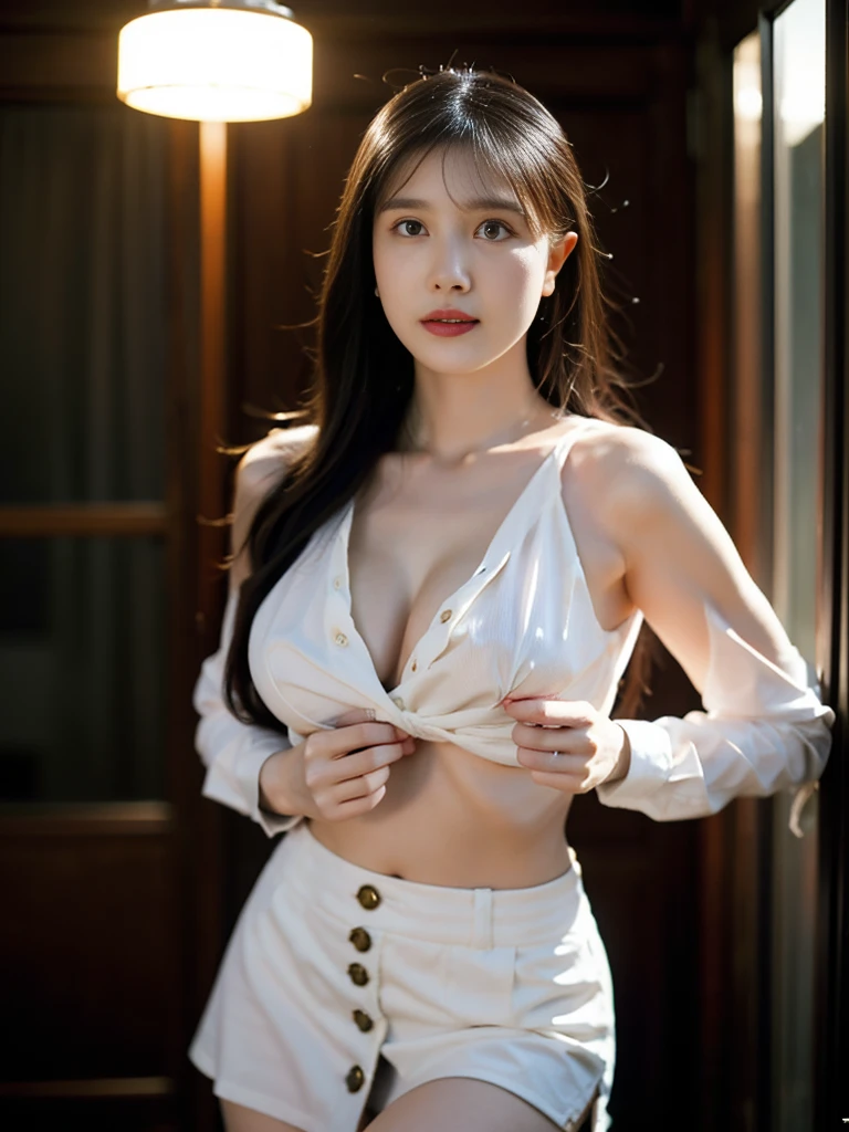 （best quality，4K，masterpiece：1.2），예쁜 female들，1 girl，raised to be sexy：1.1，dark yellow hair：1.1，female ，soggy ，very detailed face，detailed lips，detailed eyes，double eyelid，mini skirt, white stockings，(get up : 1.2)