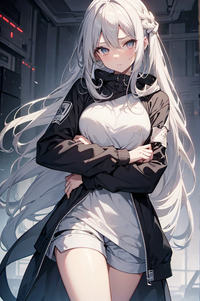1girl, {Solitary}, Upper Body ,{{ {Watching at viewer}}}, Arms at your sides, Concept Art, white Background, simple Background, White hair, Silver gradient hair , Composite cloth, Asymmetrical clothes, Virtual YouTuber, best quality, masterpiece, Dynamic Angle, guilty gear, guilty gear, guilty gear, cowboy_shooting, Watching_Back, grab, girl,Miss,woman, young,20 years old, Very long hair, Hair Flip, Silver Hair, Flowing hair, Ahog, giggle, Beautiful and delicate golden eyes, teeth, Moderate_breast, Blonde eyes, White skin, hoodie, Black_shorts, Gray clothes, transparent_Background, Backlighting, absurd, high resolution, Extremely detailed,sweater