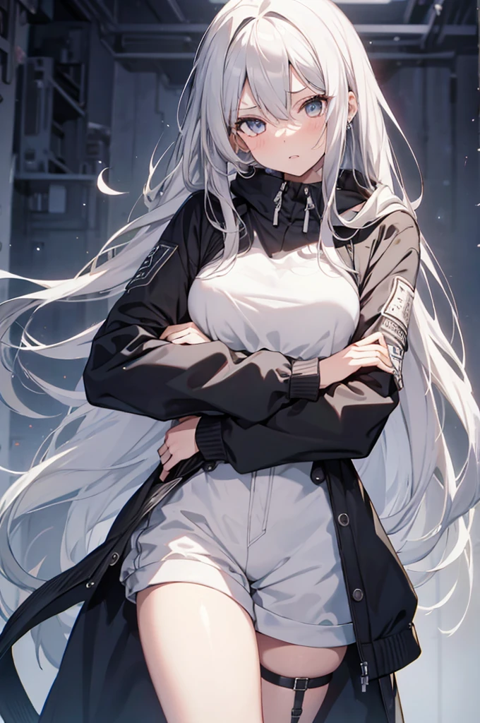 1girl, {Solitary}, Upper Body ,{{ {Watching at viewer}}}, Arms at your sides, Concept Art, white Background, simple Background, White hair, Silver gradient hair , Composite cloth, Asymmetrical clothes, Virtual YouTuber, best quality, masterpiece, Dynamic Angle, guilty gear, guilty gear, guilty gear, cowboy_shooting, Watching_Back, grab, girl,Miss,woman, young,20 years old, Very long hair, Hair Flip, Silver Hair, Flowing hair, Ahog, giggle, Beautiful and delicate golden eyes, teeth, Moderate_breast, Blonde eyes, White skin, hoodie, Black_shorts, Gray clothes, transparent_Background, Backlighting, absurd, high resolution, Extremely detailed,sweater