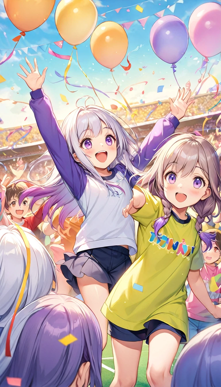 (Children's Day illustration), Two kids in casual sportswear cheering with hands raised on football field, yinji, Purple Hair, Purple Eyes, Long hair, White hair, Double braid, Gradient hair, Bright and warm, There are streamers and balloons everywhere., Crowd cheering. Characters make up only a small part of the picture.
