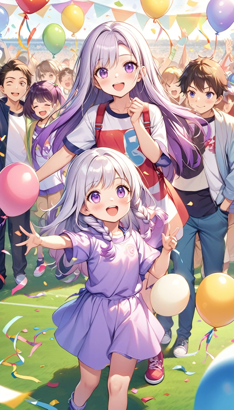 (Children's Day illustration), Two kids in casual sportswear cheering with hands raised on football field,  yinji, Purple Hair, Purple Eyes, Long hair, White hair, Double braid, Gradient hair, Bright and warm, There are streamers and balloons everywhere., Crowd cheering. Characters make up only a small part of the picture.