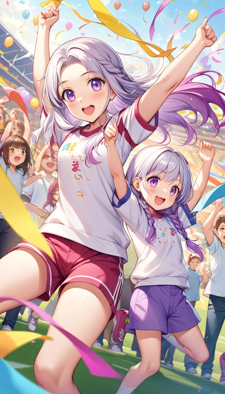 (Children's Day illustration), Two kids in casual sportswear cheering with hands raised on football field, yinji, Purple Hair, Purple Eyes, Long hair, White hair, Double braid, Gradient hair, Bright and warm, There are streamers and balloons everywhere., Crowd cheering. Characters make up only a small part of the picture.