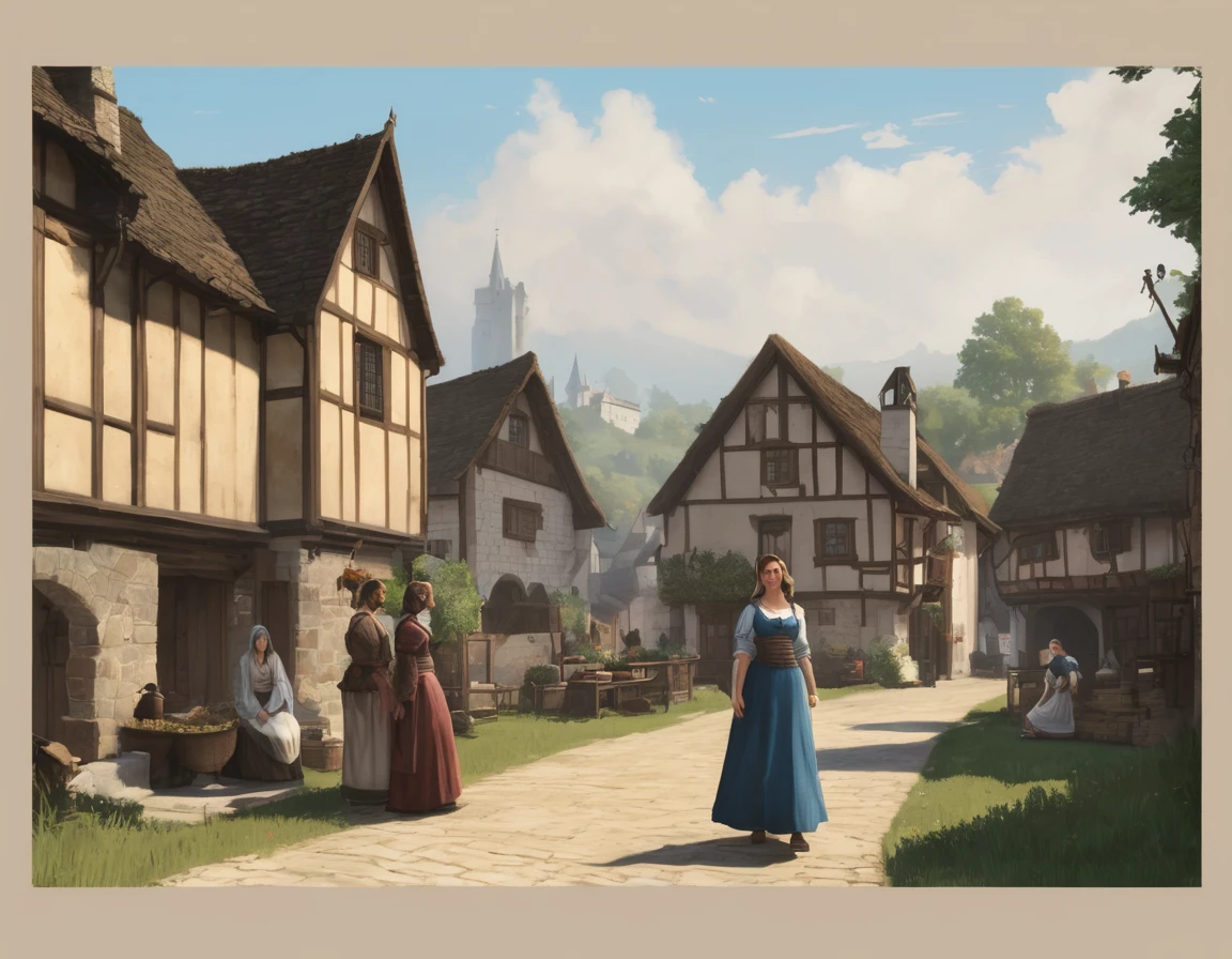 Medieval village, village houses in foreground, manor in background, villager in foreground, young woman, huge breasts, simple clothes