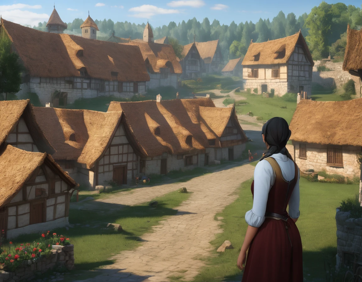 Medieval village, village houses in foreground, manor in background, villager in foreground, young woman, huge breasts, simple clothes