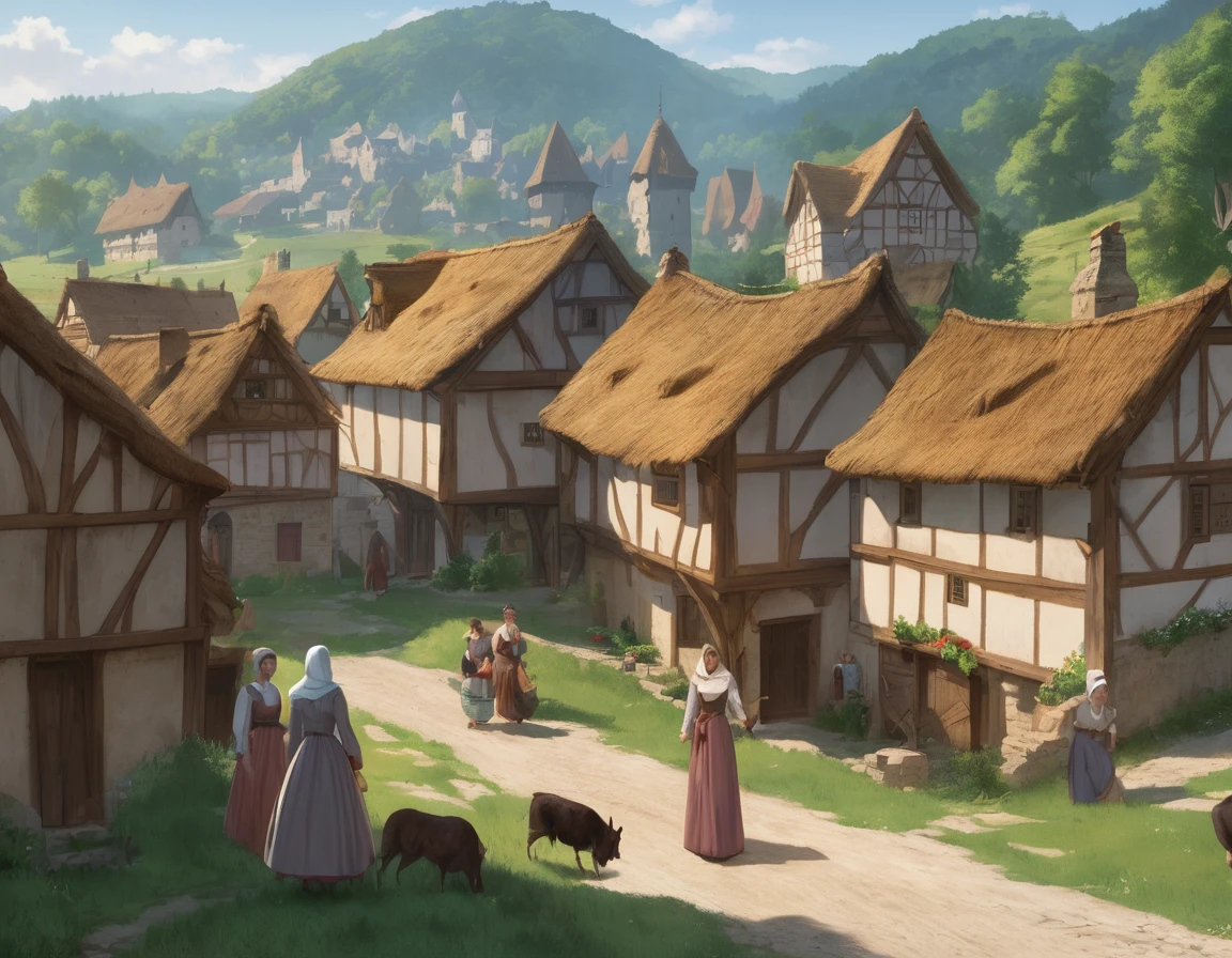 Medieval village, village houses in foreground, manor in background, villager in foreground, young woman, huge breasts, simple clothes