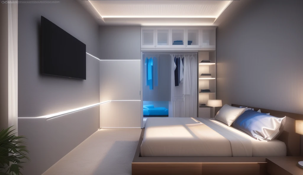 Design the master bedroom's interior space in [contemporary, luxurious style], using wood, white ceiling lights, using indoor lighting combined with [[blue areas with outdoor environmental lighting]. ]], [render vray 3ds max]