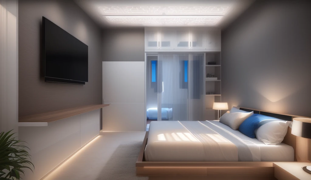 Design the master bedroom's interior space in [contemporary, luxurious style], using wood, white ceiling lights, using indoor lighting combined with [[blue areas with outdoor environmental lighting]. ]], [render vray 3ds max]