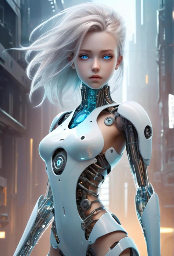 Translucent ethereal mechanical girl，Futuristic girl，Mechanical joints，futuristic urban background，ModelShoot style, (Extremely detailed Cg Unity 8K wallpaper), The beauty of abstract stylization,，surrealism, 8K, Super detail, Best quality, Award-Awarded, Anatomically correct, 16k, Super detail